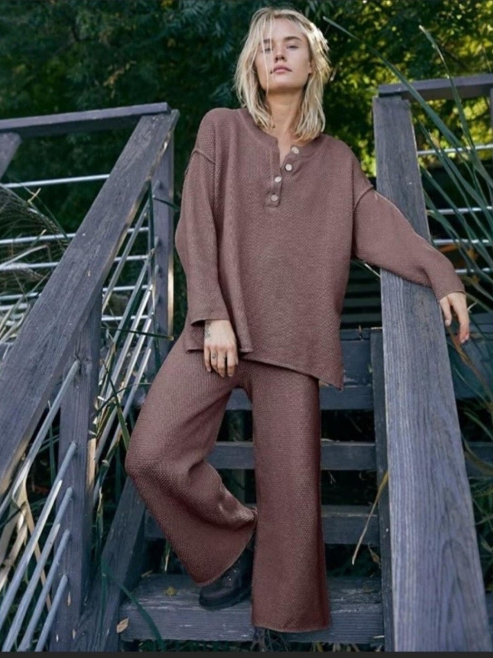 Free People Beach Oversized Henley Half Button Down Knit Sweatshirt - Brown